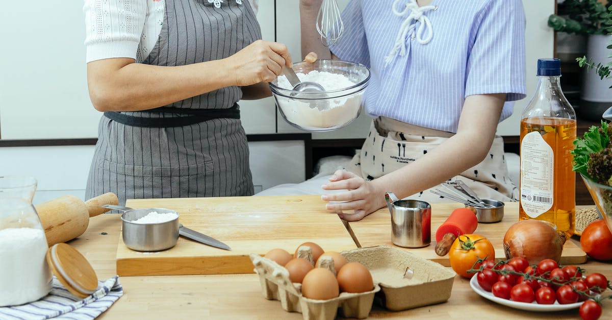 How to Make Home-made Flour Tortilla Bowls for Salads? - Unrecognizable female cooks with bowl of flour standing at table with cutting board and various ingredients in kitchen while making dough
