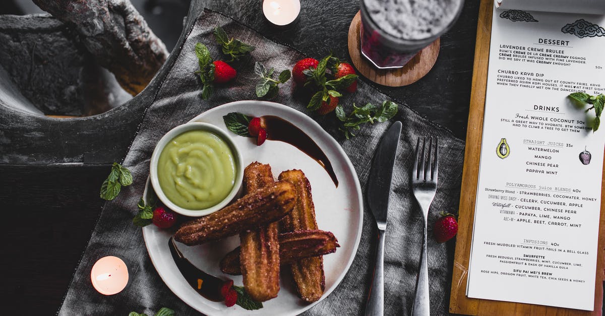 How to make mint sauce - Churro with avocado sauce and lavender dessert served on table How to make mint sauce - Churro with avocado sauce and lavender dessert served on table