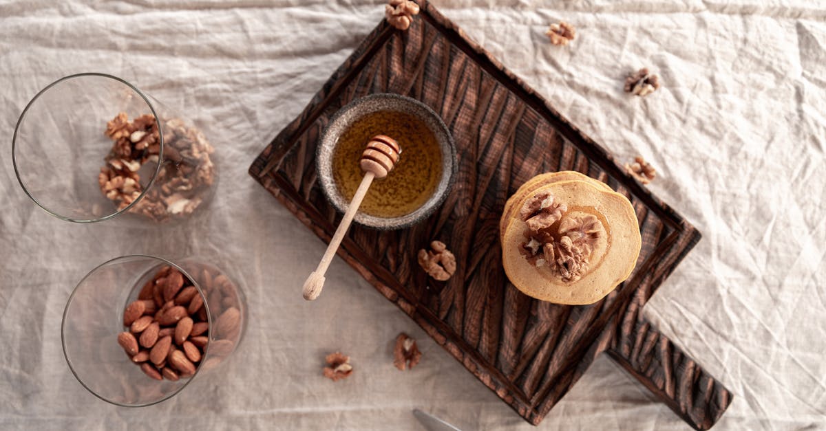 How to make Pancakes with Almond milk? - Pancakes and a Bowl of Honey on Wooden Board How to make Pancakes with Almond milk? - Pancakes and a Bowl of Honey on Wooden Board