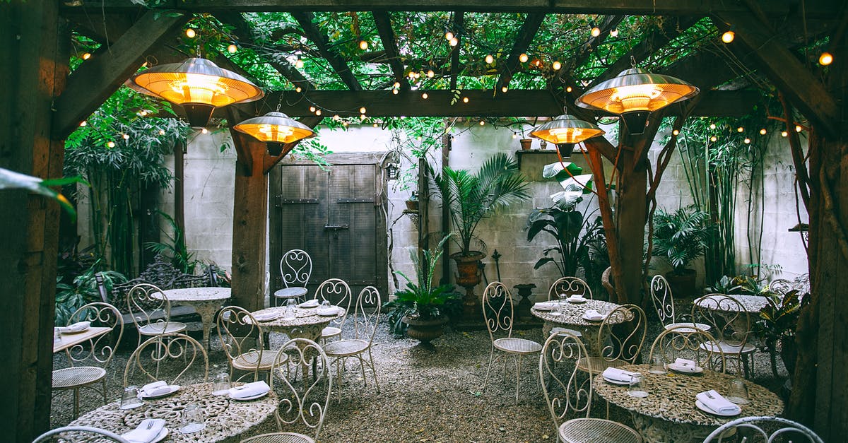 How to make restaurant style poppadoms - Cafe with setting on ornamental tables near chairs under decorative lamps in backyard on summer day