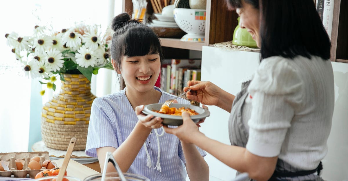How to mix pasta and sauce evenly? - Delighted Asian female housewives in aprons mixing pasta with sauce in plate while cooking together in kitchen How to mix pasta and sauce evenly? - Delighted Asian female housewives in aprons mixing pasta with sauce in plate while cooking together in kitchen