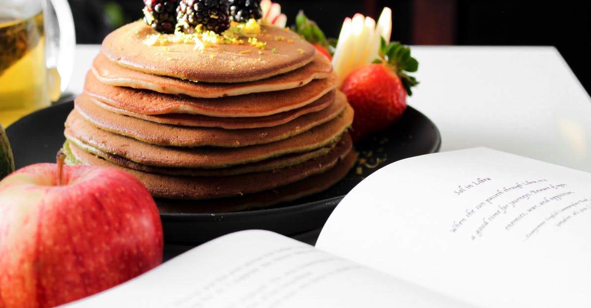 How to stop sweet/sugary dressings from ruining a baking dish? - Delicious appetizing pancakes on black plate with blackberries on top and apple near opened book How to stop sweet/sugary dressings from ruining a baking dish? - Delicious appetizing pancakes on black plate with blackberries on top and apple near opened book