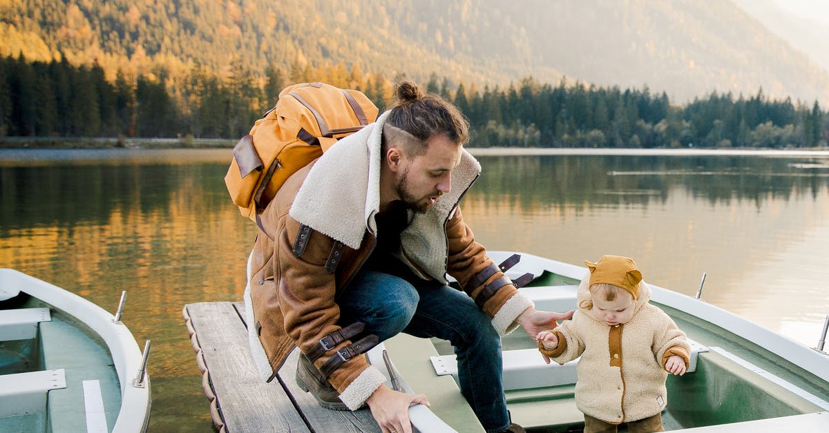 How warm is "warm water?" - Bearded father with backpack in casual warm outerwear standing on wooden pier and holding hand of little kid standing in boat on lake in mountains How warm is "warm water?" - Bearded father with backpack in casual warm outerwear standing on wooden pier and holding hand of little kid standing in boat on lake in mountains