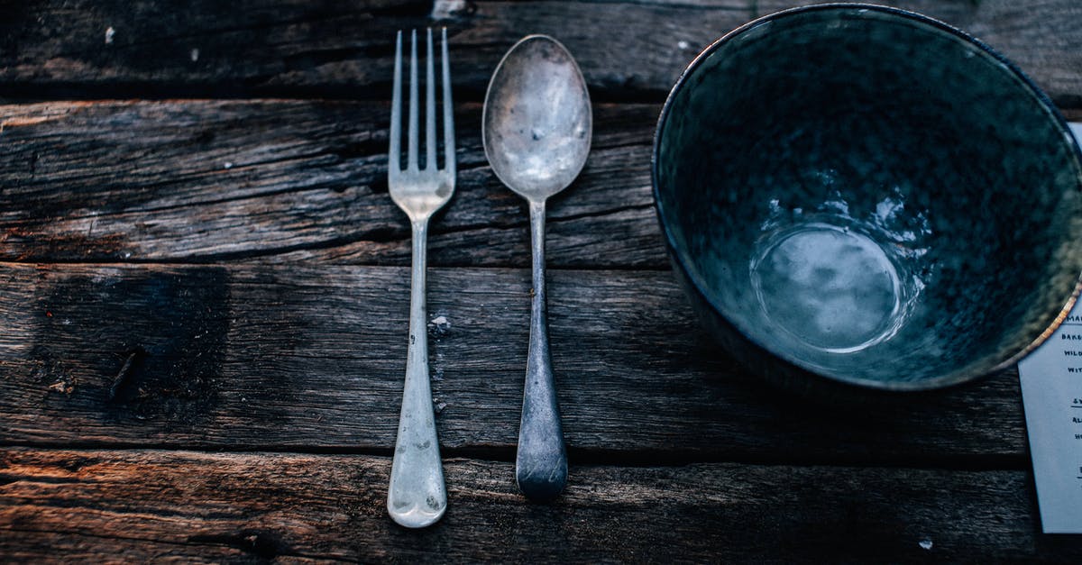 I have an old pyrex bowl with a detachable handle with a glass inset - High angle of round shaped bowl near fork and spoon on rough wooden table in daytime