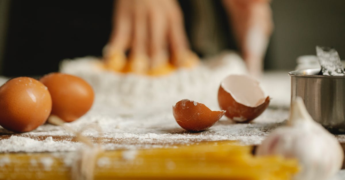 Impact of using egg yolks vs whites in a spaghetti dish? - Table for cooking in kitchen with eggs eggshells spaghetti and garlic on blurred background Impact of using egg yolks vs whites in a spaghetti dish? - Table for cooking in kitchen with eggs eggshells spaghetti and garlic on blurred background