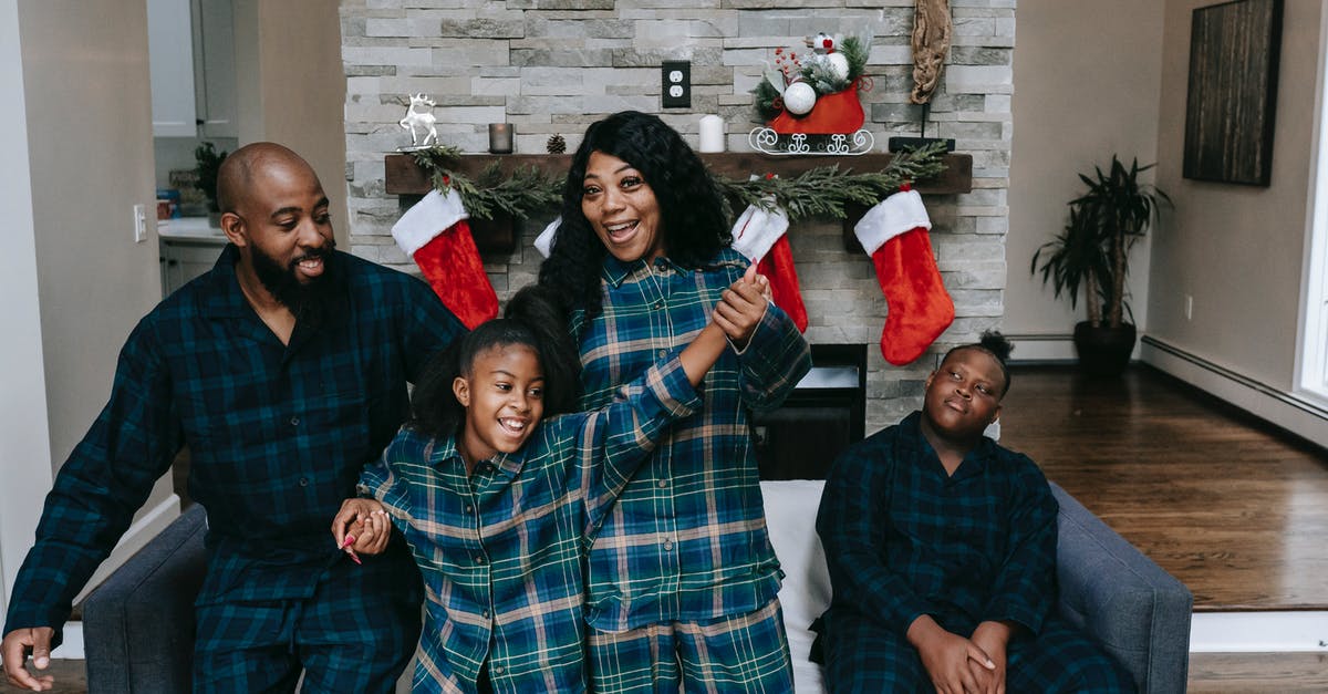 Is butter ever the same after having been melted? - Cheerful African American family in same clothes gathering in cozy living room decorated with Christmas stockings Is butter ever the same after having been melted? - Cheerful African American family in same clothes gathering in cozy living room decorated with Christmas stockings