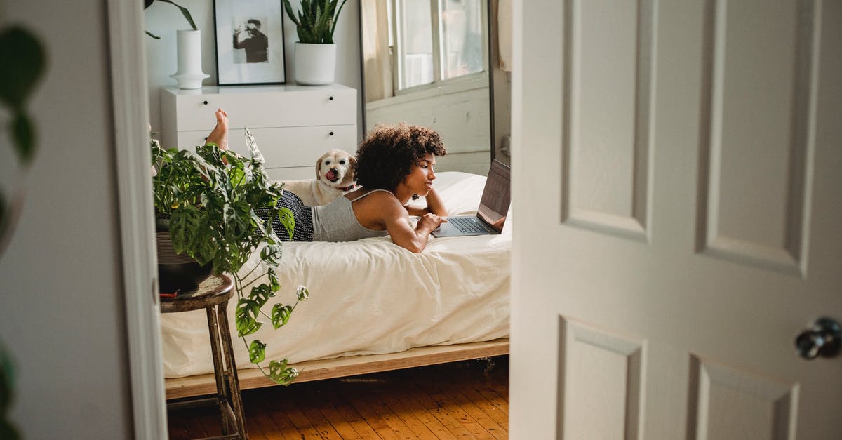 Is it better to use soft or hard ladyfingers when making tiramisu? - Side view of young ethnic female with netbook leaning on hand while resting on bed with dog at home