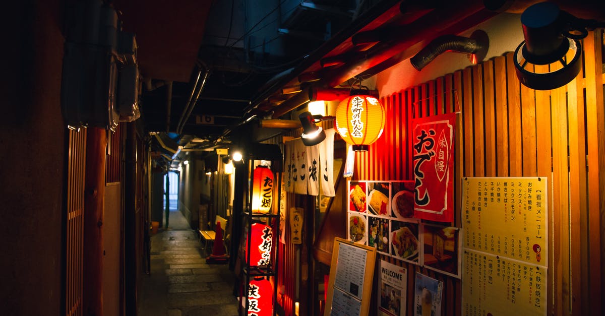 Japanese steak house menu item? - Narrow street with traditional Japanese izakaya bars decorated with hieroglyphs and traditional red lanterns in evening Japanese steak house menu item? - Narrow street with traditional Japanese izakaya bars decorated with hieroglyphs and traditional red lanterns in evening