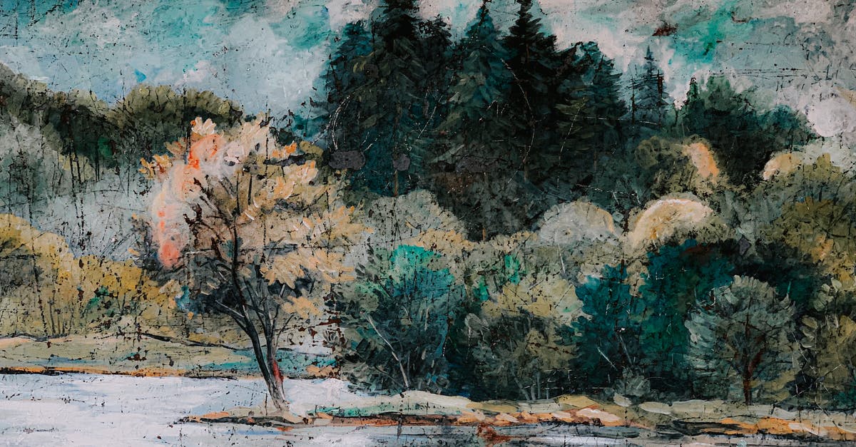 Marinades: Water vs Oil - Abstract backdrop of oil painting with lush coniferous trees on mount near river under cloudy sky Marinades: Water vs Oil - Abstract backdrop of oil painting with lush coniferous trees on mount near river under cloudy sky