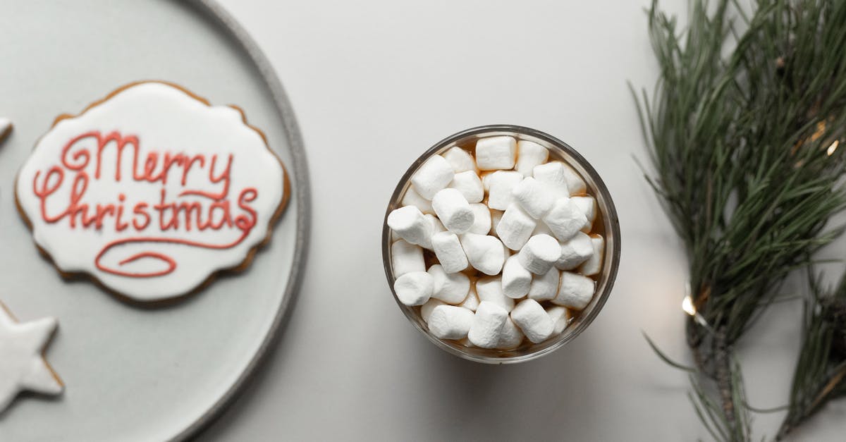 Marshmallow in cones becoming soggy - Cup of hot chocolate with marshmallows located between pine tree twig and cookie Marshmallow in cones becoming soggy - Cup of hot chocolate with marshmallows located between pine tree twig and cookie