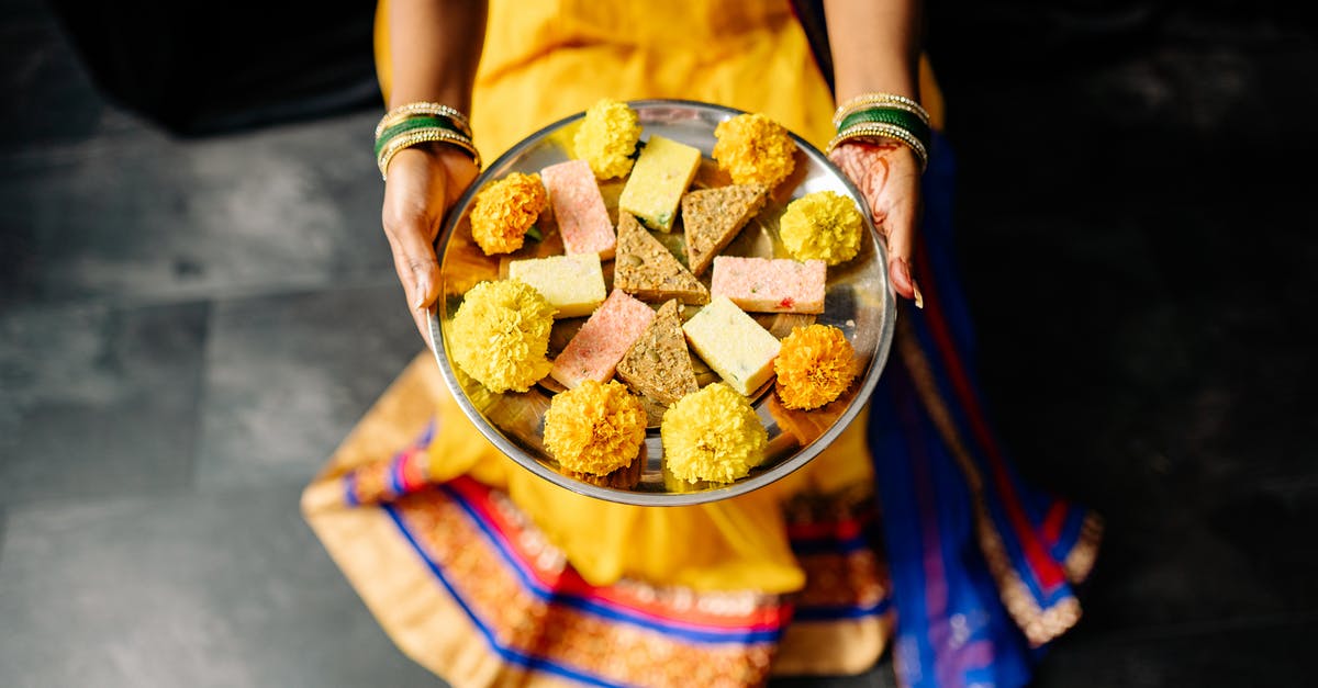 Metalic Foil on Indian Sweets - Woman Carrying a Plate of Desserts Metalic Foil on Indian Sweets - Woman Carrying a Plate of Desserts