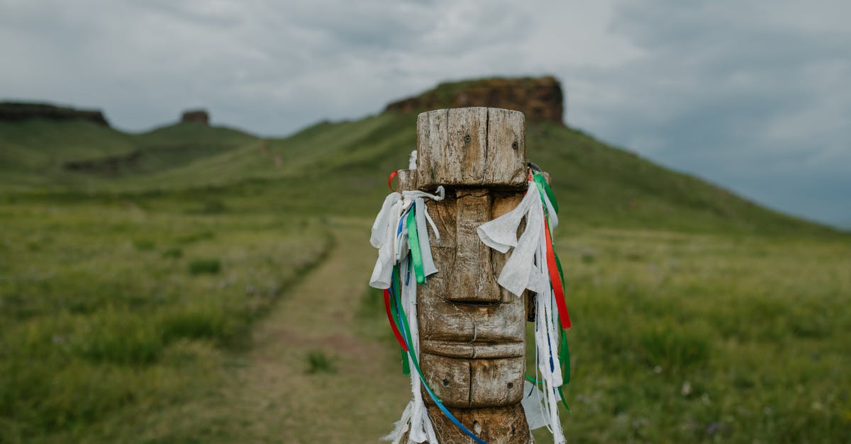 mysterious green middle eastern plums - Wooden idol with wish ribbons on grassy path mysterious green middle eastern plums - Wooden idol with wish ribbons on grassy path