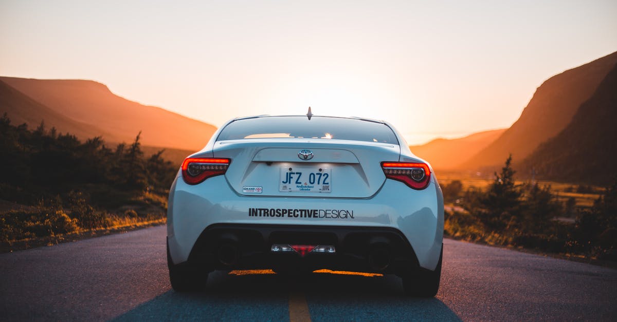 Noise level of convect back microwaves - Back part of modern white automobile on paved highway road in mountains glowing with sunset light Noise level of convect back microwaves - Back part of modern white automobile on paved highway road in mountains glowing with sunset light