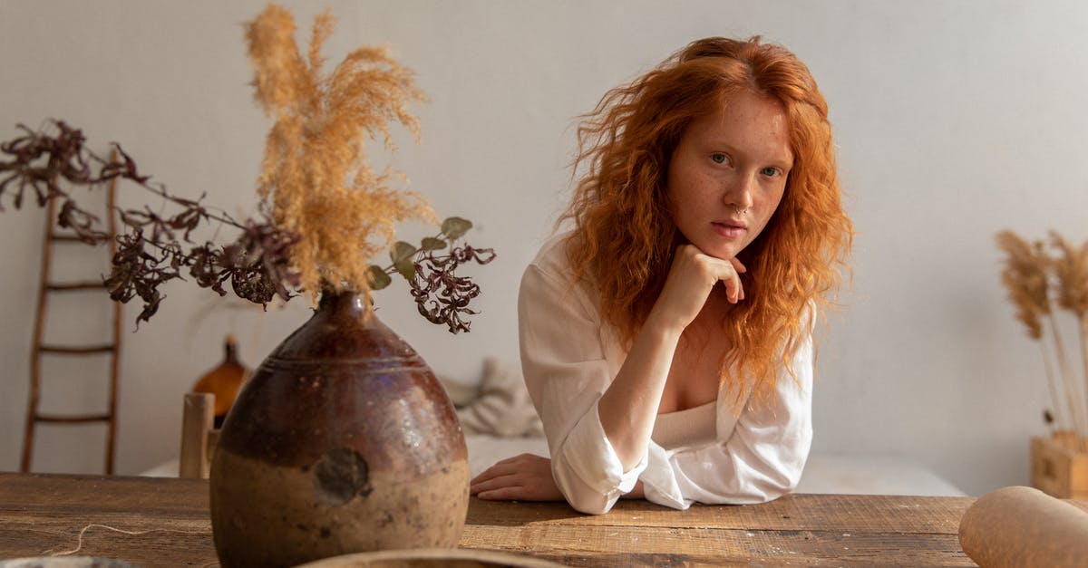 On preserving dried ginger - Dreamy female with red hair looking at camera while leaning on hand at table with dry flowers in vintage vase On preserving dried ginger - Dreamy female with red hair looking at camera while leaning on hand at table with dry flowers in vintage vase