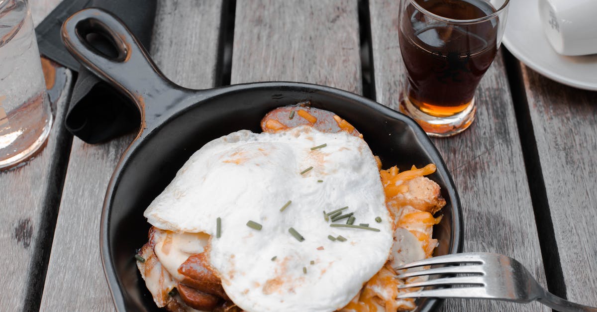 Over easy eggs sticking in copper pan - Cooked Eggs and Meat on Cast-iron Pan Over easy eggs sticking in copper pan - Cooked Eggs and Meat on Cast-iron Pan