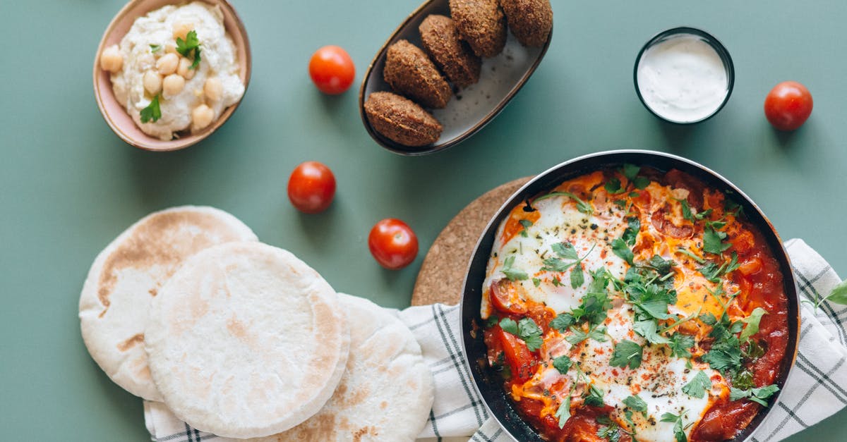 Poached eggs at altitude? - Shakshouka, Falafel, Hummus and Pita Breads on the Table Poached eggs at altitude? - Shakshouka, Falafel, Hummus and Pita Breads on the Table
