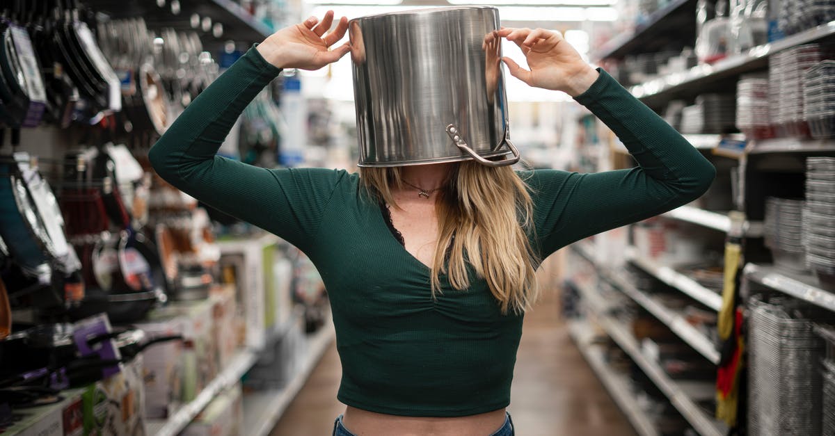 Pots and Pans in the dishwasher - Woman with Casserole on Head Standing on the Aisle Pots and Pans in the dishwasher - Woman with Casserole on Head Standing on the Aisle