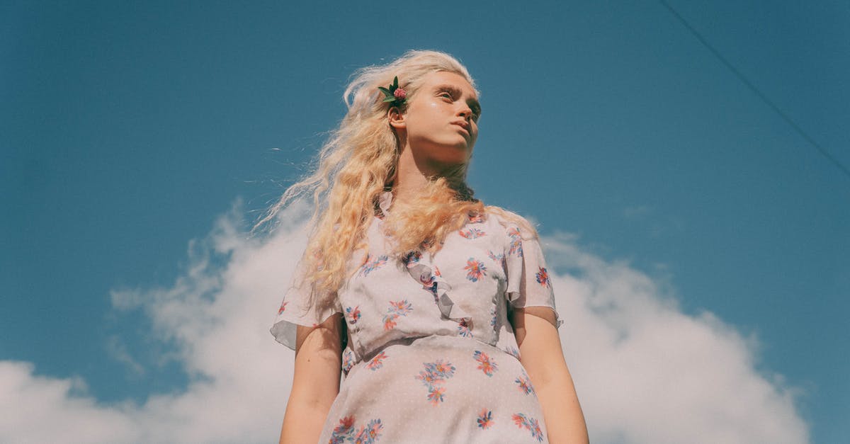 Purging air from a pressure cooker - Low angle of young tender female in dress with floral ornament looking away under cloudy sky Purging air from a pressure cooker - Low angle of young tender female in dress with floral ornament looking away under cloudy sky