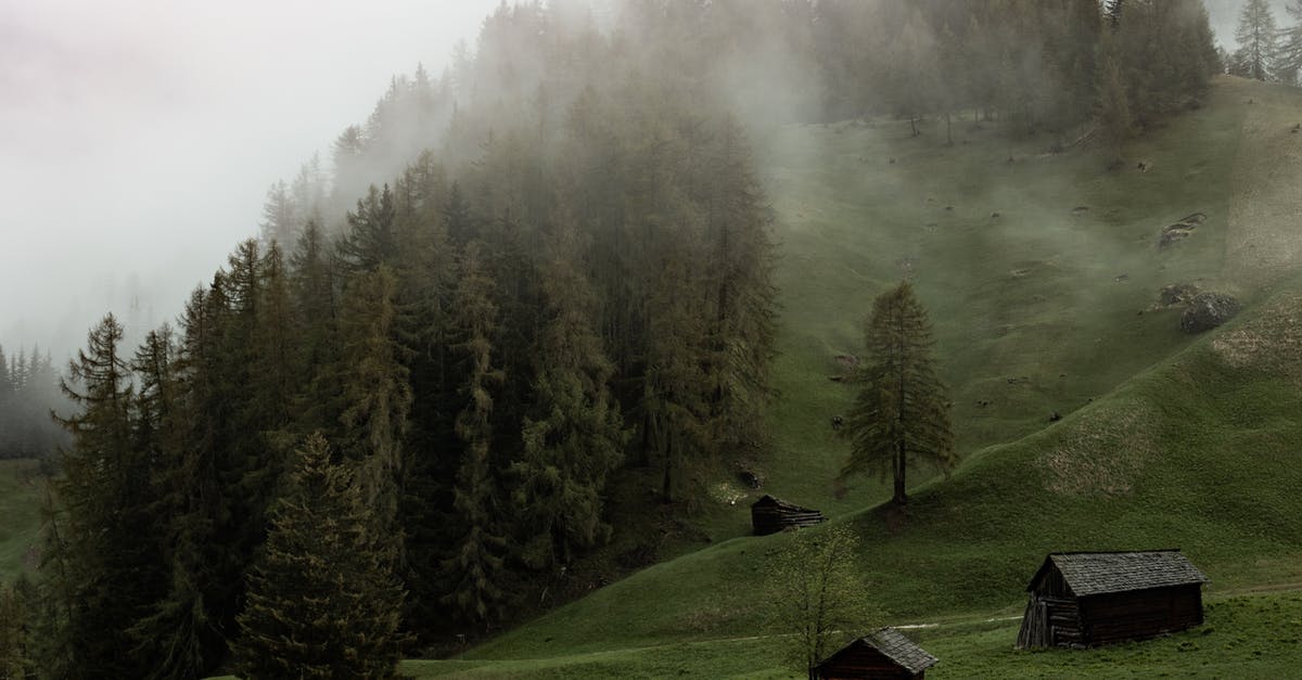 "Old wild west" secret sauce - Aged small wooden buildings in green valley against foggy hill with green woodland "Old wild west" secret sauce - Aged small wooden buildings in green valley against foggy hill with green woodland