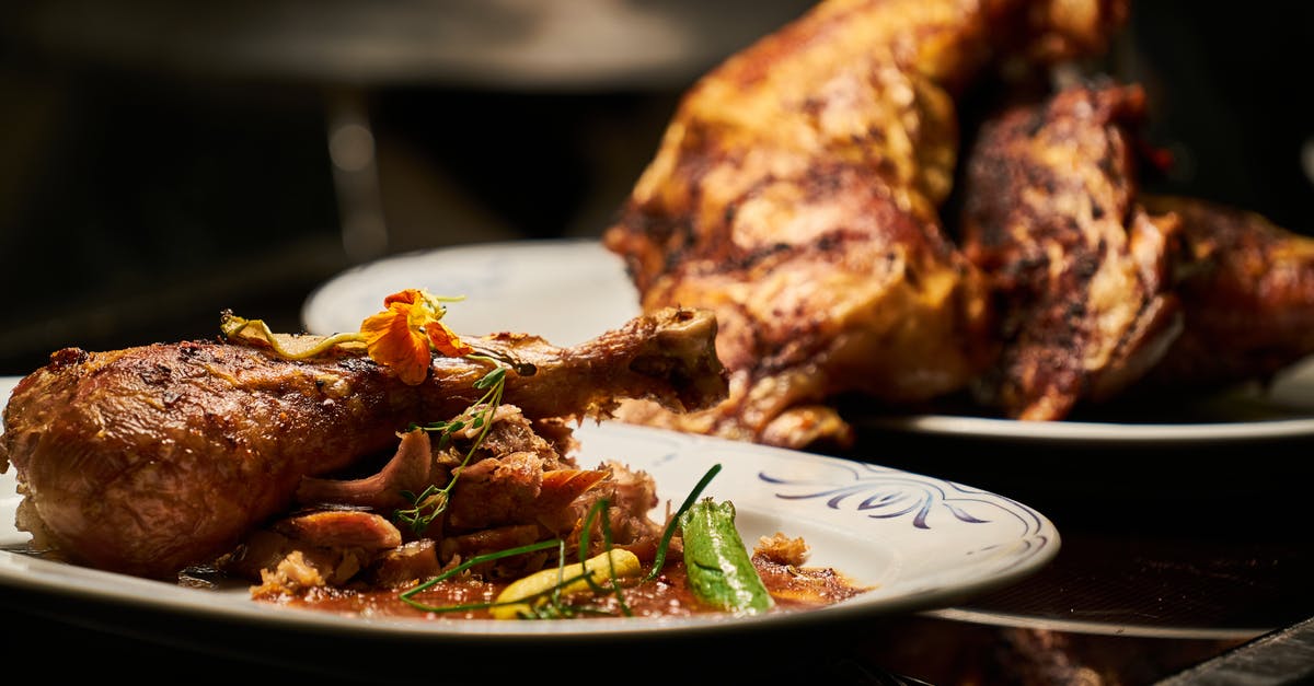 roast duck leg with plum sauce - Cooked Chicken on White Plate roast duck leg with plum sauce - Cooked Chicken on White Plate