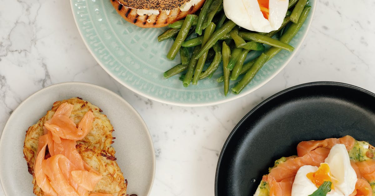 Salmon turned green - is it safe to eat? - Plates with bagel with asparagus and boiled egg and toasts with fish served on table Salmon turned green - is it safe to eat? - Plates with bagel with asparagus and boiled egg and toasts with fish served on table