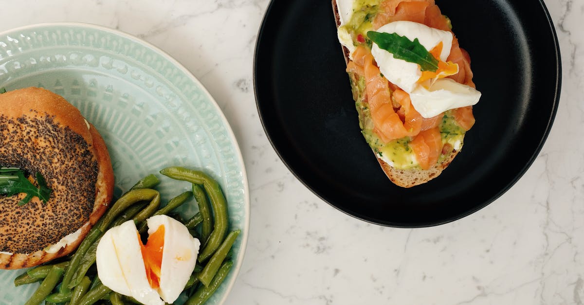 Salmon turned green - is it safe to eat? - Tasty lunch with bagel and toast with poached eggs served on plates Salmon turned green - is it safe to eat? - Tasty lunch with bagel and toast with poached eggs served on plates