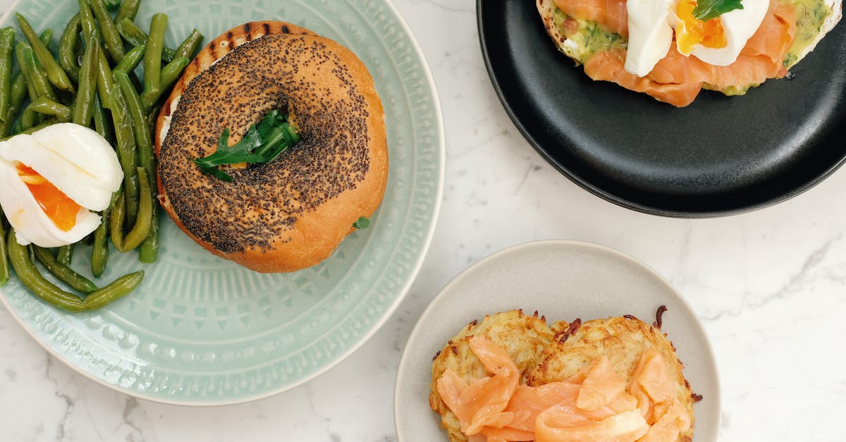 Salmon turned green - is it safe to eat? - Top view of tasty bagel with asparagus and poached egg and toasts with fish served on white marble table in modern kitchen at home Salmon turned green - is it safe to eat? - Top view of tasty bagel with asparagus and poached egg and toasts with fish served on white marble table in modern kitchen at home