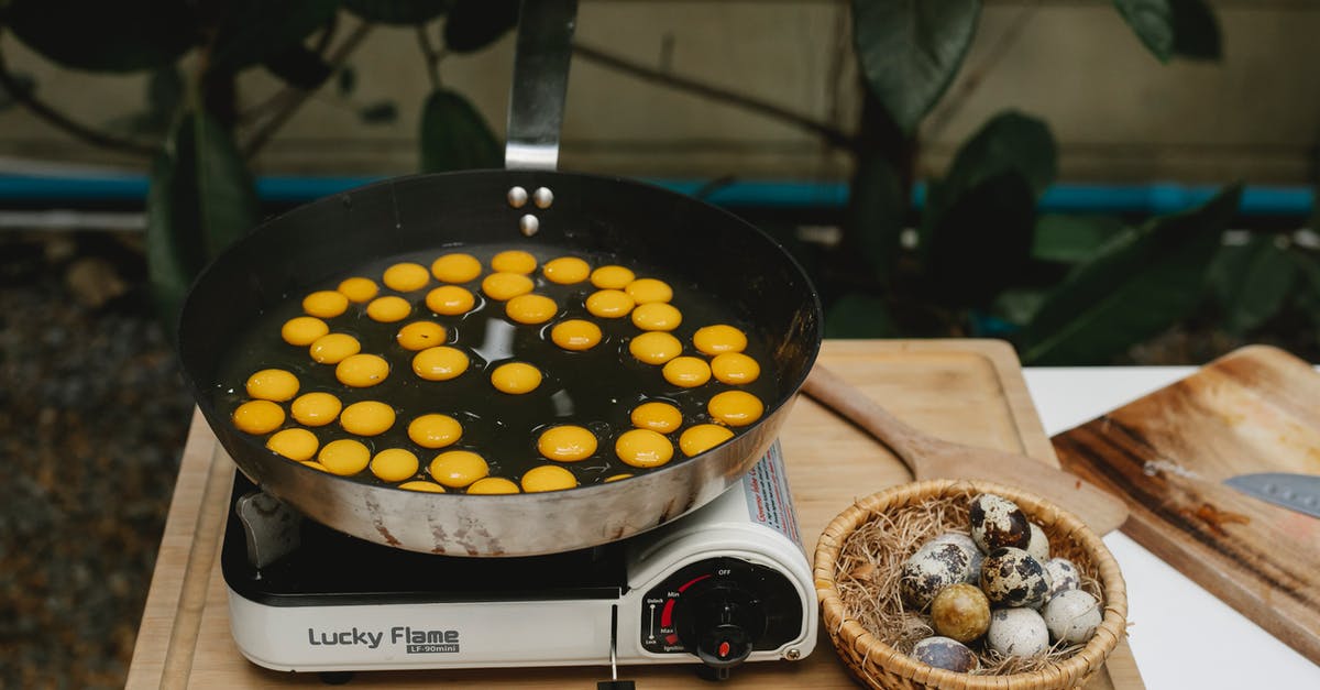 Small baskets for fries - From above abundance of small quail eggs frying in pan on cooker on wooden board with heap of eggs in kitchen Small baskets for fries - From above abundance of small quail eggs frying in pan on cooker on wooden board with heap of eggs in kitchen