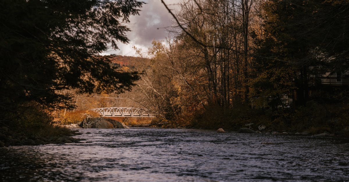 Some batter falls off during deep fry - Picturesque view of bridge over river flowing among fading autumn trees in forest Some batter falls off during deep fry - Picturesque view of bridge over river flowing among fading autumn trees in forest