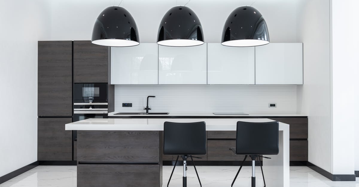 Soy milk; fridge vs. shelf? - Creative lamps hanging over table with chairs in spacious kitchen with modern furniture and appliances Soy milk; fridge vs. shelf? - Creative lamps hanging over table with chairs in spacious kitchen with modern furniture and appliances