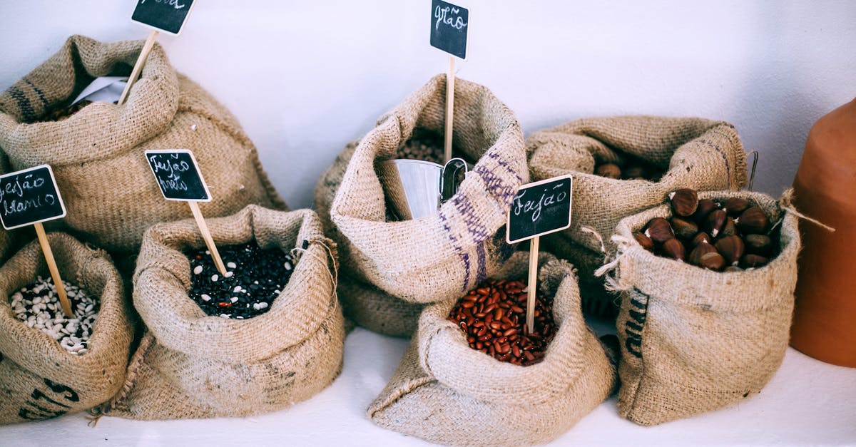 Soy Protein Type - Different types of beans in sacks with inscriptions Soy Protein Type - Different types of beans in sacks with inscriptions