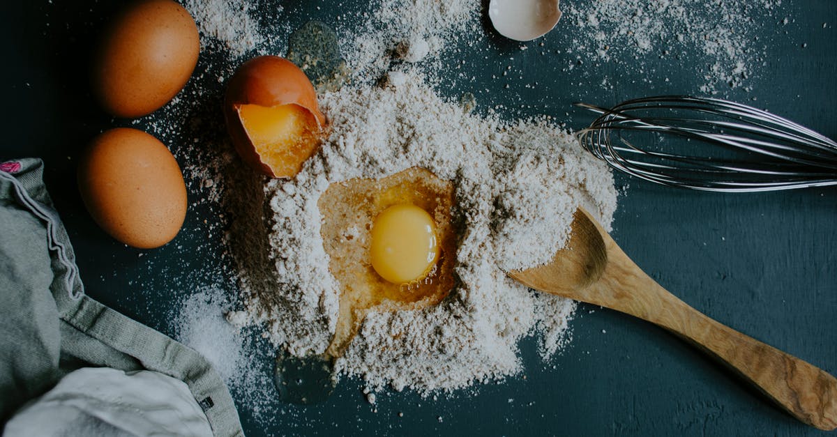 Substitute for egg yolk in ice-cream (Egg Allergy) - Top view pile of flour on table with broken egg arranged with wooden spoon and metal corolla during preparation of homemade dough Substitute for egg yolk in ice-cream (Egg Allergy) - Top view pile of flour on table with broken egg arranged with wooden spoon and metal corolla during preparation of homemade dough