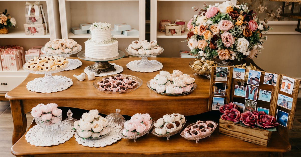 Test if whitish chocolate has bloom or is spoiled - Assorted sweets on table with blooming flowers on wedding day Test if whitish chocolate has bloom or is spoiled - Assorted sweets on table with blooming flowers on wedding day