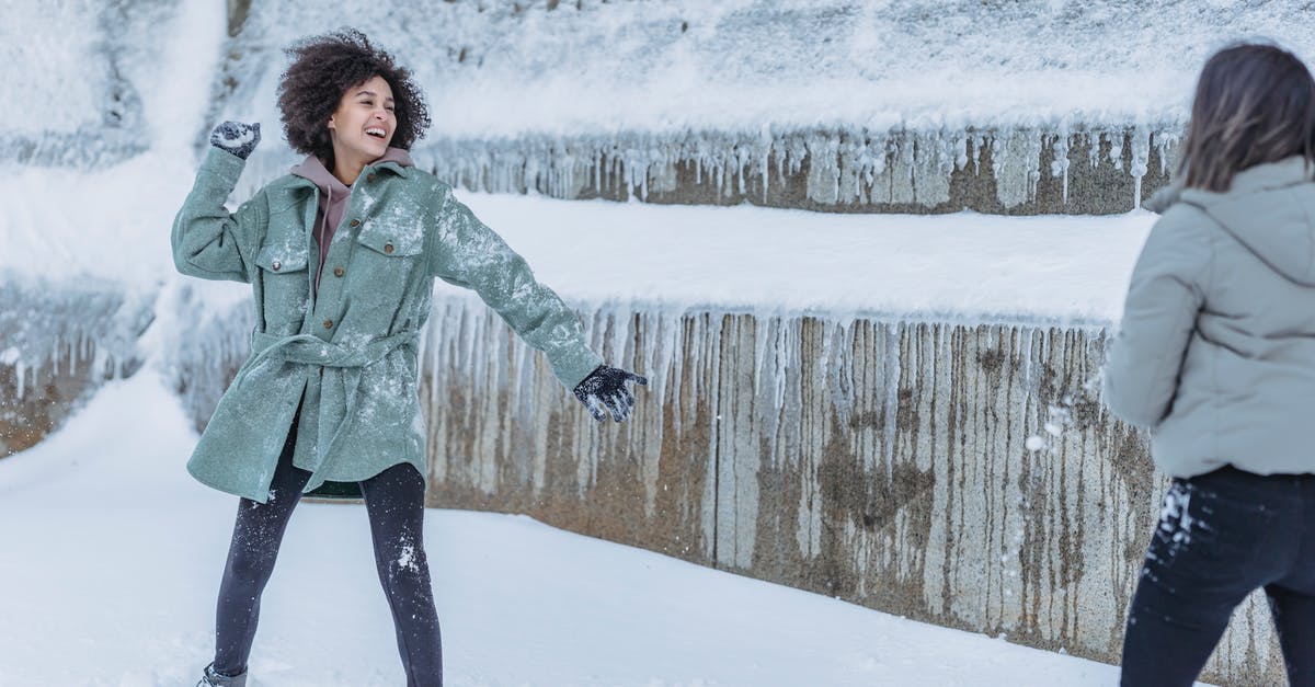 The use of chicken bones that have frost on them - Laughing female friends in warm clothes standing near stone wall covered with snow and playing snowballs in winter The use of chicken bones that have frost on them - Laughing female friends in warm clothes standing near stone wall covered with snow and playing snowballs in winter