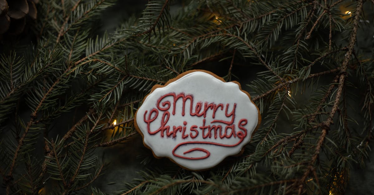 Thin chutney batch from a year ago - From above of delicious biscuit with decorative title on sugar glaze between coniferous tree sprigs with garland on Christmas Day Thin chutney batch from a year ago - From above of delicious biscuit with decorative title on sugar glaze between coniferous tree sprigs with garland on Christmas Day