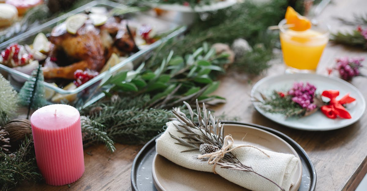 Turkey vs Chicken broth - High angle of table served for Christmas dinner with plates with napkins and traditional roasted turkey on glass dish decorated with fir twigs Turkey vs Chicken broth - High angle of table served for Christmas dinner with plates with napkins and traditional roasted turkey on glass dish decorated with fir twigs