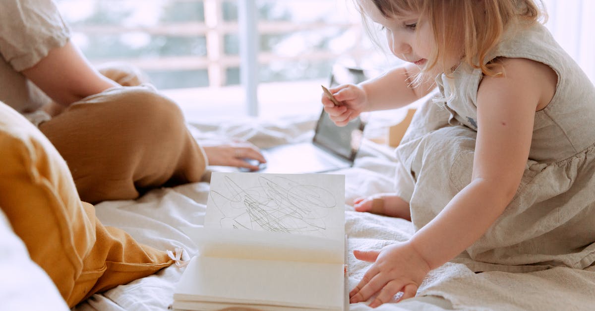 using a square tin in a small oven - Daughter in dress drawing in notebook while mother working on laptop in bedroom using a square tin in a small oven - Daughter in dress drawing in notebook while mother working on laptop in bedroom