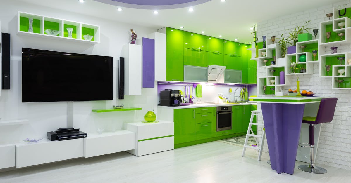 Very unusual kitchen tools - Bright green and purple furniture in contemporary studio apartment with kitchen area Very unusual kitchen tools - Bright green and purple furniture in contemporary studio apartment with kitchen area