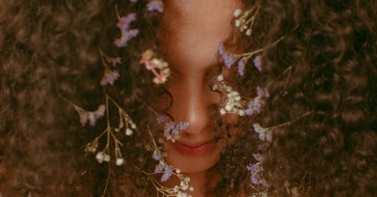 What are purple small Brinjals called in English? - Headshot of anonymous content female with small bright flowers with white and purple petals tangled in brown hair covering face What are purple small Brinjals called in English? - Headshot of anonymous content female with small bright flowers with white and purple petals tangled in brown hair covering face
