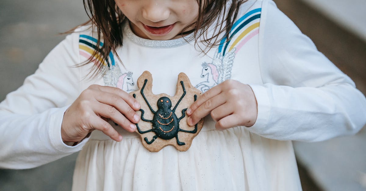 What other cookies/biscuits were traditionally baked in shell shaped forms like this one? - Little girl in white dress with fearful gaze with biscuit decorated with spider for Halloween