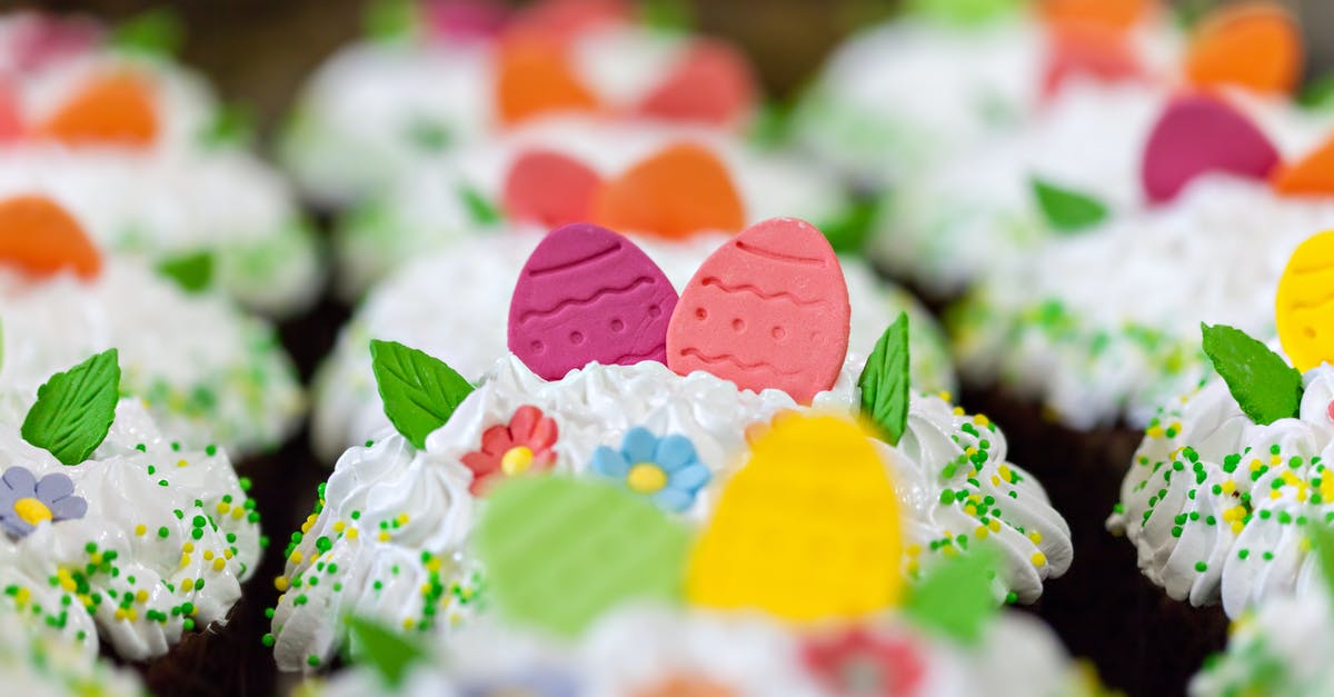Whipped egg whites in Gnocchi? - Small tasty desserts with bright decorative eggs and leaves in whipped meringue cream during Easter holiday Whipped egg whites in Gnocchi? - Small tasty desserts with bright decorative eggs and leaves in whipped meringue cream during Easter holiday