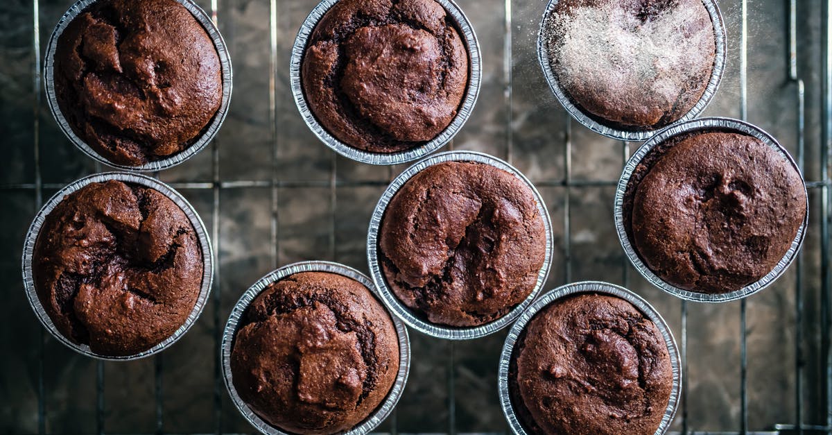 Why do my muffin tops lean? - Top view of freshly baked brown chocolate muffins placed on metal tray in baking cups Why do my muffin tops lean? - Top view of freshly baked brown chocolate muffins placed on metal tray in baking cups