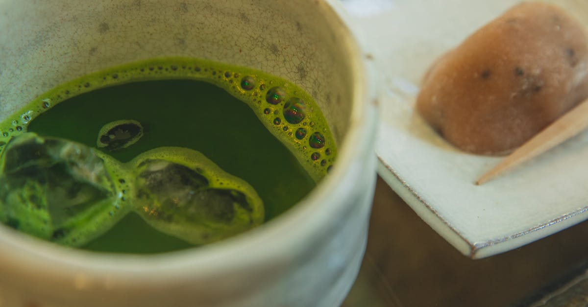 Why powdered eggs? - Cup of matcha tea with sweets Why powdered eggs? - Cup of matcha tea with sweets